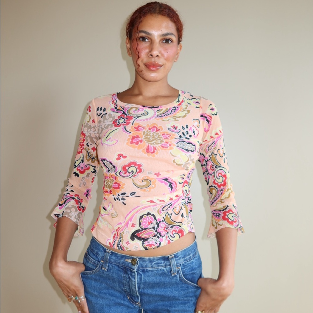Y2K Sheer Mesh Floral Bell Sleeve Top – Vintage Etcetera Boho Fairycore Blouses